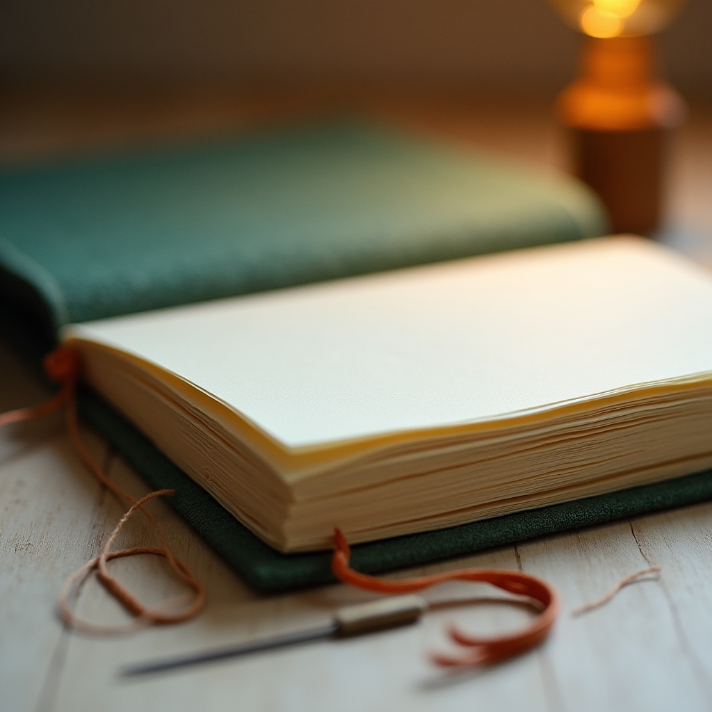 Cuaderno artesanal terminado con cubierta de tela verde sobre superficie de madera clara