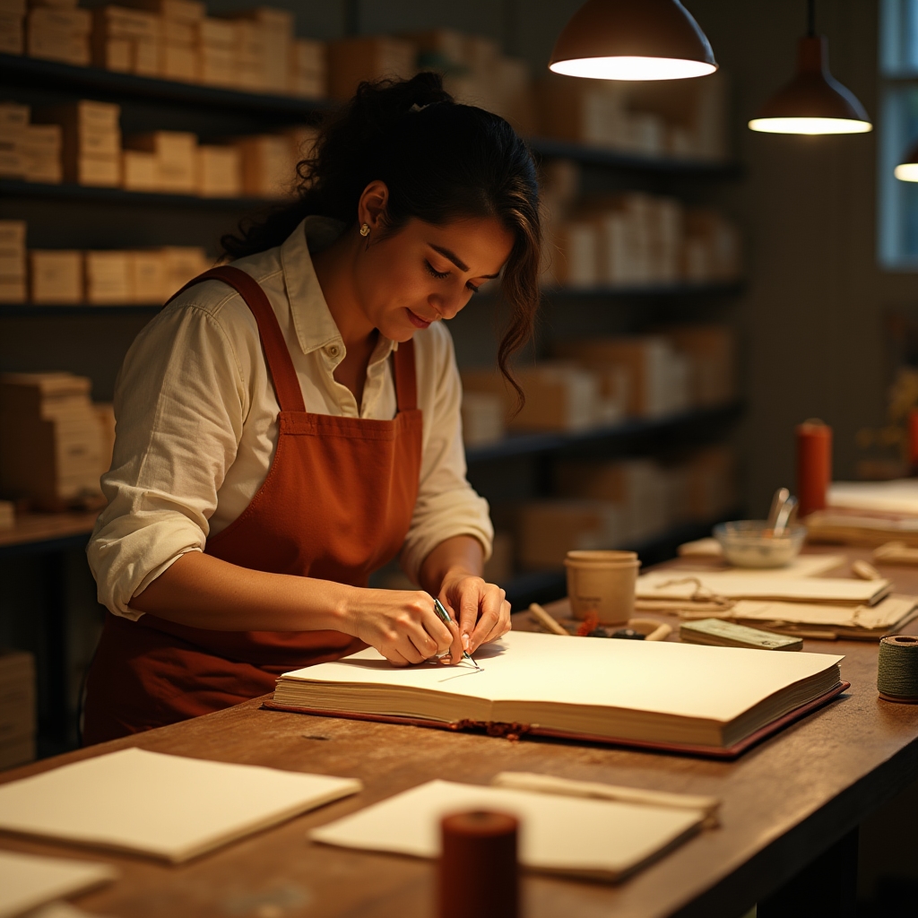 Participante cosiendo páginas en un taller de encuadernación artesanal