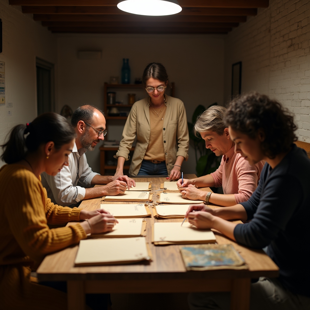 Grupo de participantes en una sesión de iniciación a la encuadernación, trabajando en sus cuadernos