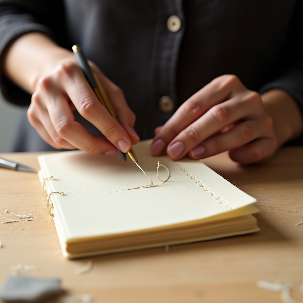 Manos realizando la técnica de cosido japonés sobre un cuaderno artesanal