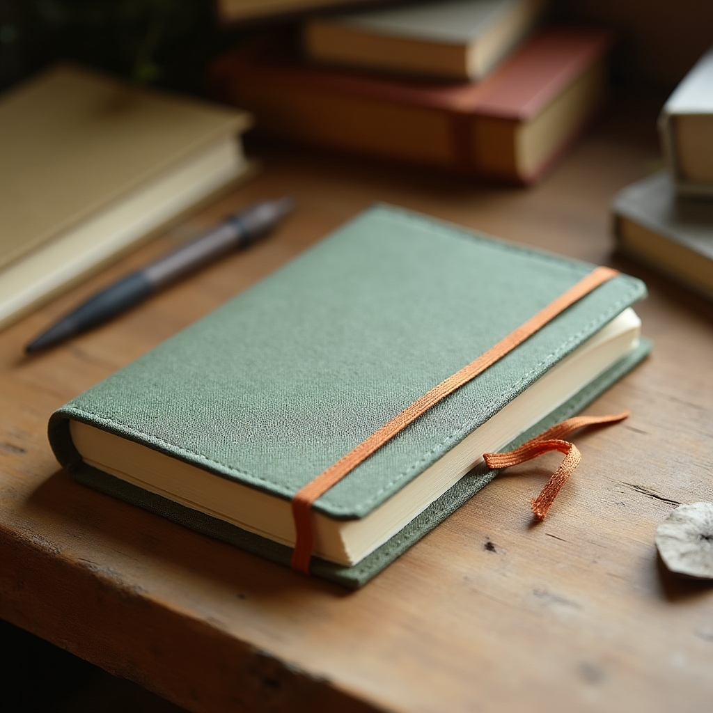 Cuaderno artesanal con tapa dura de tela sobre mesa de madera