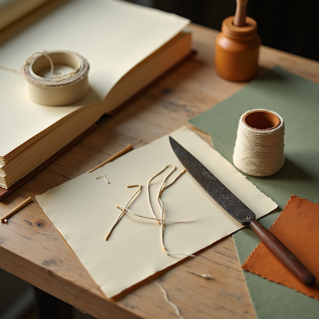 Materiales de encuadernación sobre mesa de trabajo: hilos, agujas, papel y cartón